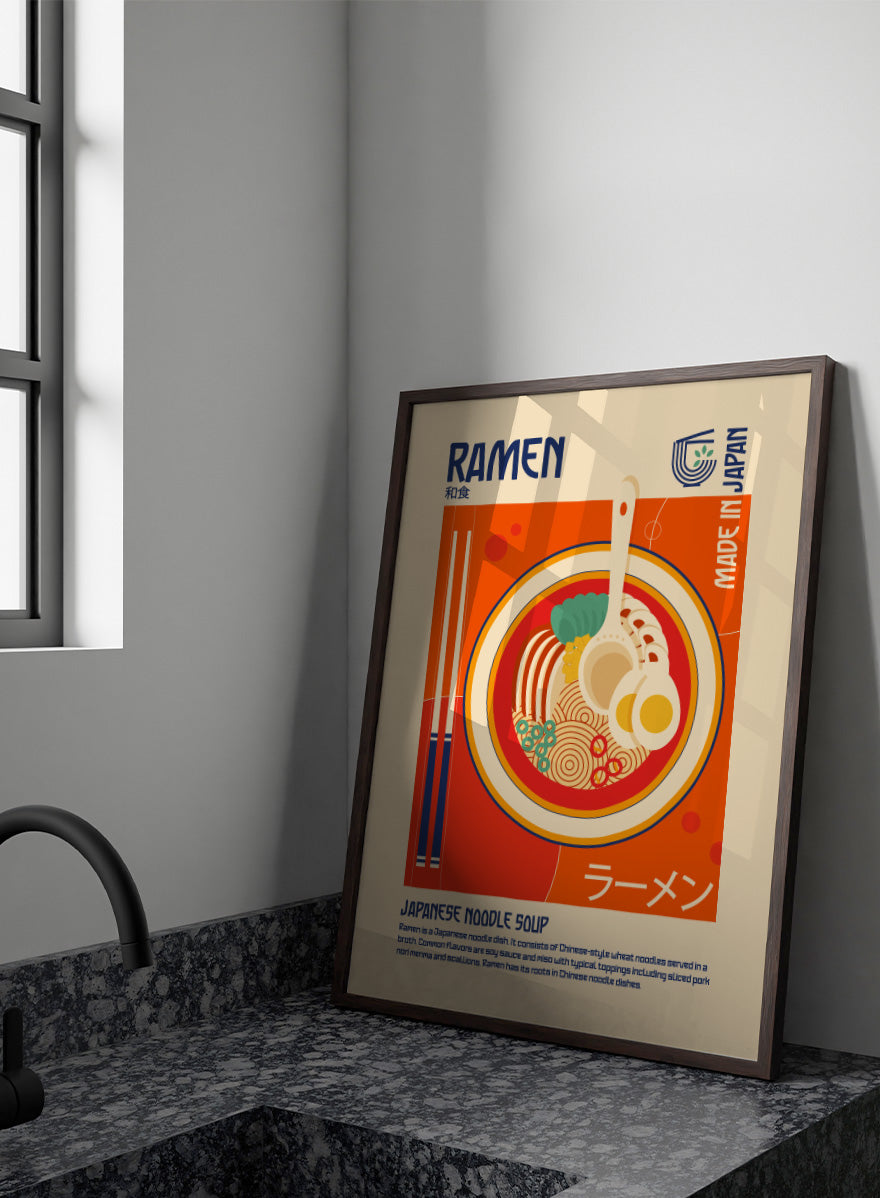 A stylized travel poster of Japanese Ramen noodle soup, featuring a central illustration of a bowl filled with noodles, a soft-boiled egg, green onions, and a ladle, set against a warm orange and beige background with &
