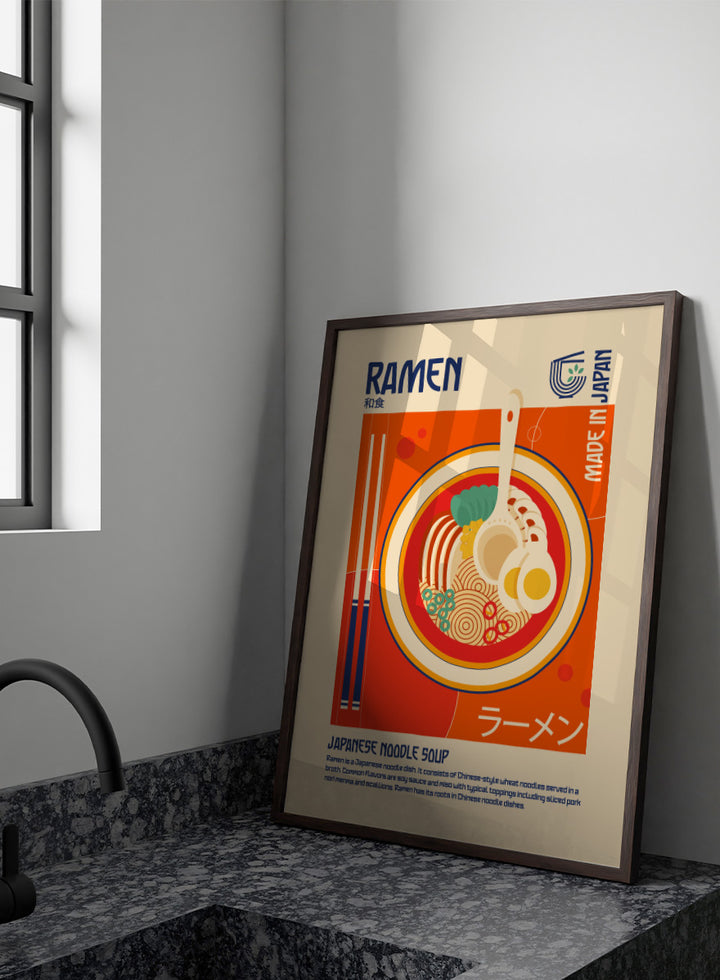 A stylized travel poster of Japanese Ramen noodle soup, featuring a central illustration of a bowl filled with noodles, a soft-boiled egg, green onions, and a ladle, set against a warm orange and beige background with &