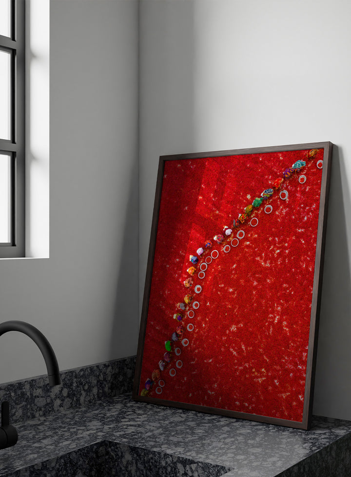 Picking Red Chilies by Azim Khan Ronnie aerial photography print showing workers harvesting red chilli fields Bangladesh, cultural documentary wall art poster