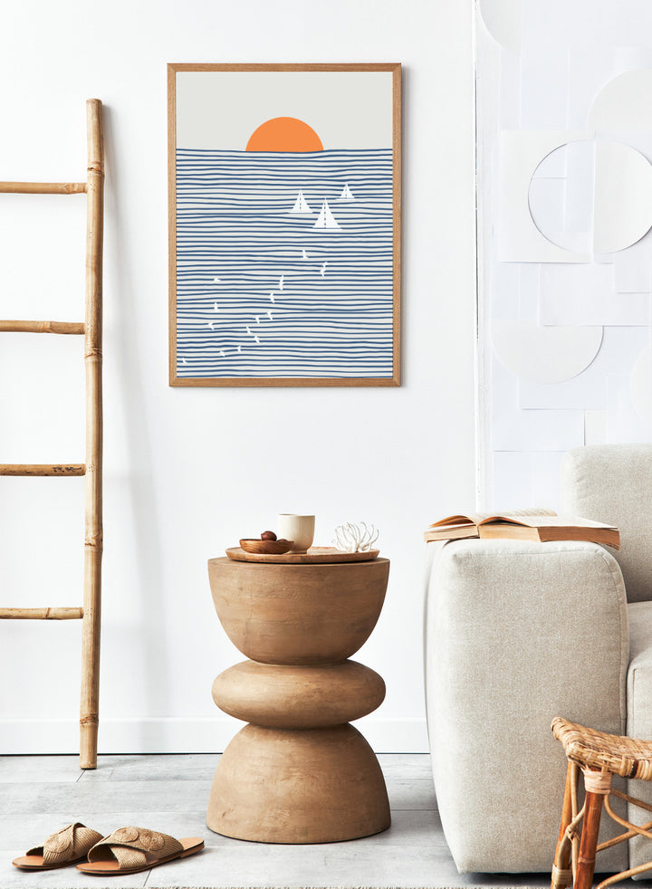 Three White Sails art print by Little Dean. Contemporary coastal wall art with sailboats, birds, striped ocean lines, orange sun, modern illustration poster design.