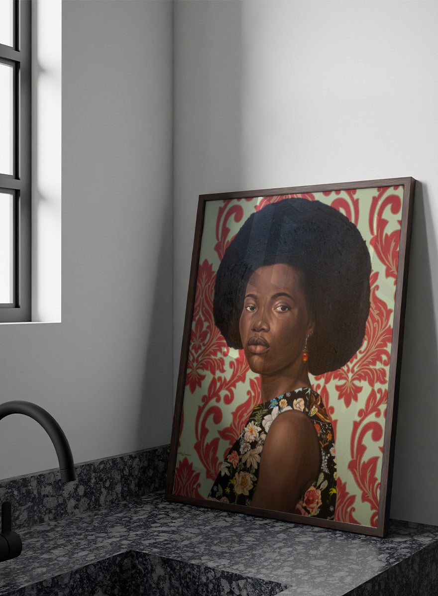 A portrait painting of a woman with a large dark afro hairstyle, wearing a floral-patterned sleeveless top, set against a red and cream damask wallpaper background. Shop Elegant Afro Floral Portrait by Damilare Jamiu, a contemporary portrait art print featuring a woman with afro hair, floral fashion, and rich green and coral tones.