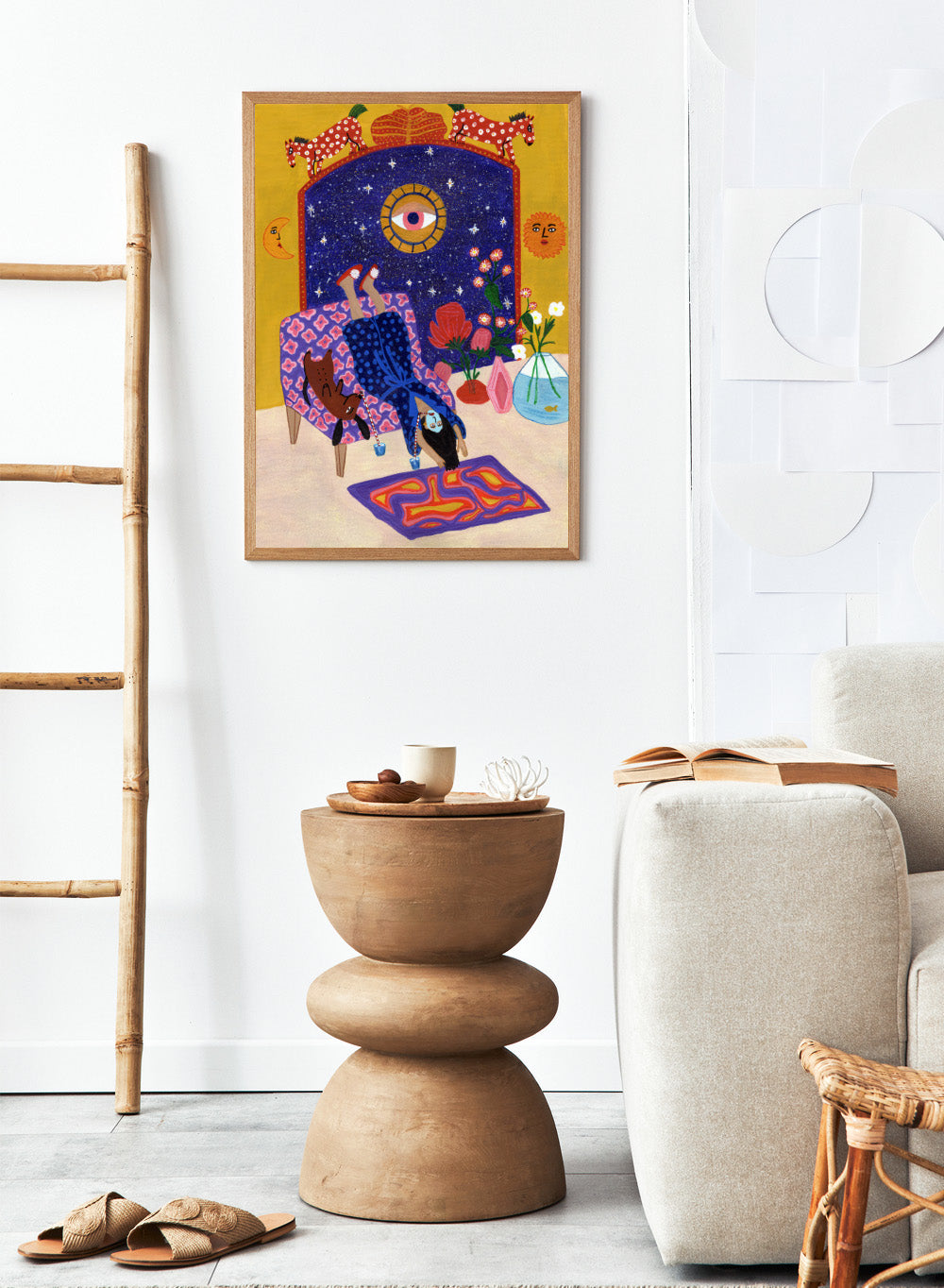 Colorful artwork of a person sitting on a chair with animals and decorative elements. Day Off From Office by Jota de Jai is a whimsical modern art print of a woman upside down with her dog, mid skincare routine, officially licensed wall poster with framing.