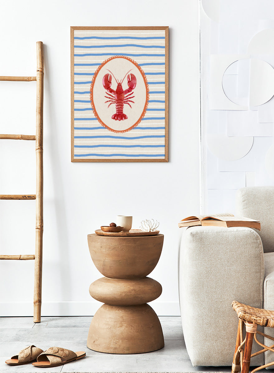 Red Lobster Stripes by Katarzyna Gąsiorowska coastal kitchen art print featuring a red lobster, blue stripes, and vintage Mediterranean-inspired details.