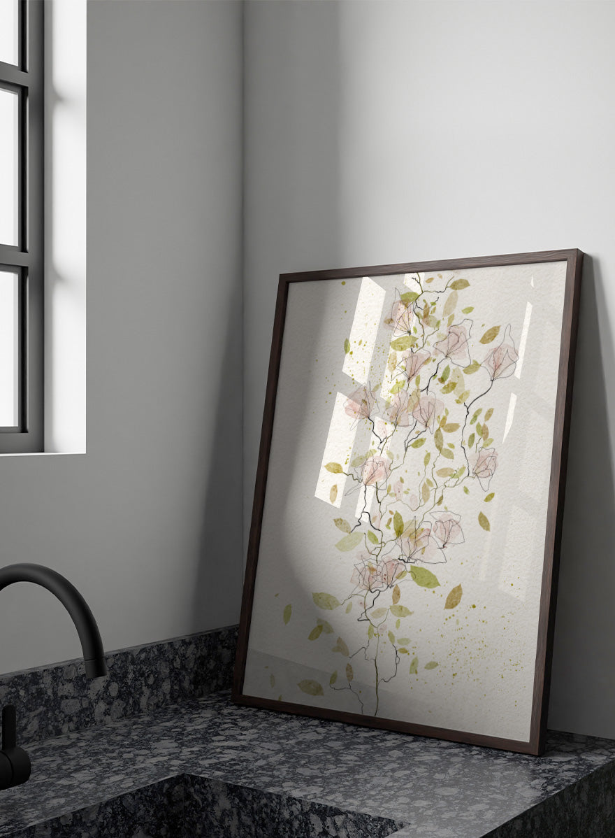 A framed botanical art print featuring delicate watercolor flowers and leaves in soft pink, sage green, and olive tones on a textured off-white background. Shop Ethereal Pink Blooms by Ankie Kooi, a floral wall art print poster with pink watercolor flowers, botanical line art, climbing branches, and spring florals.