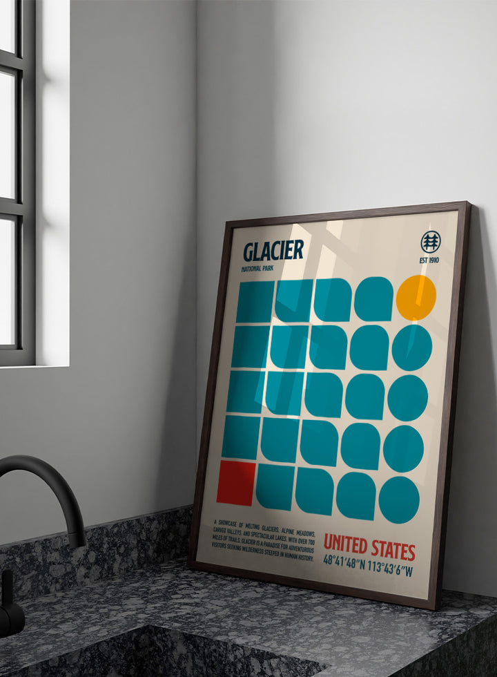 A retro-style poster for Glacier National Park featuring a cream background, teal geometric shapes, a yellow-orange circle, and red text. The top reads &