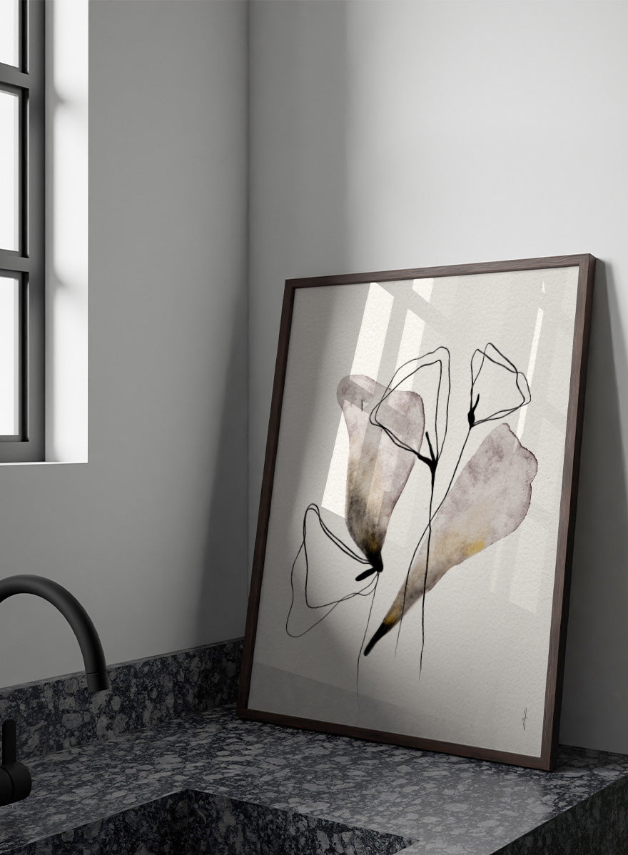 Shop Abstract Watercolor Flora by Ankie Kooi, a modern abstract floral wall art print poster with minimalist flower line art, botanical forms, soft lavender, and muted gold.