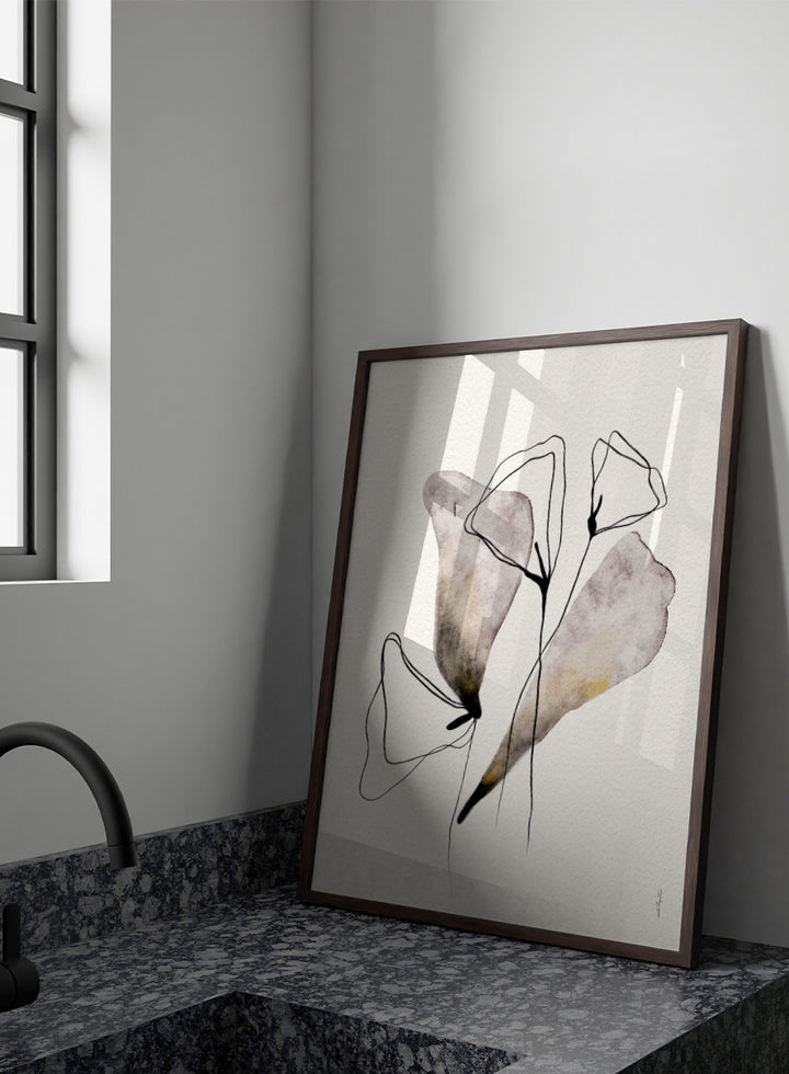 Shop Abstract Watercolor Flora by Ankie Kooi, a modern abstract floral wall art print poster with minimalist flower line art, botanical forms, soft lavender, and muted gold.