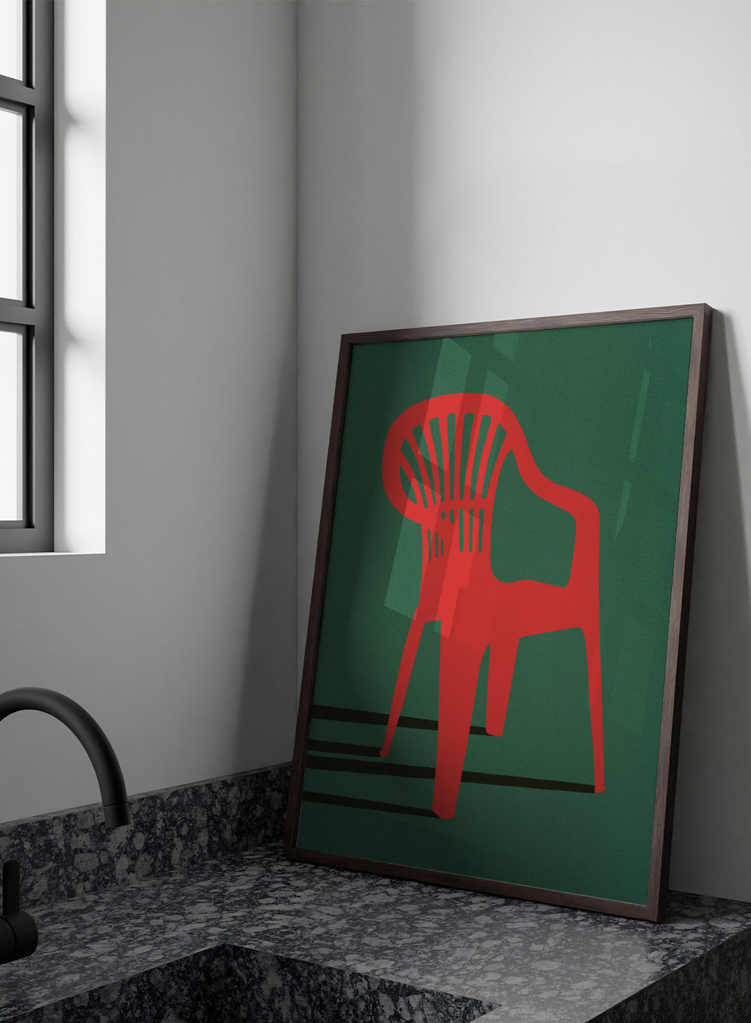 Bold Red Chair by Lisa Solomoniuk premium framed fine art print featuring a vivid red chair, deep green background, and long black shadows.