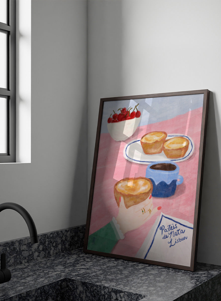 A stylized illustrated scene showing a hand holding a pastry, with two pastries on a plate, a cup of coffee, a bowl of cherries, and a napkin reading &