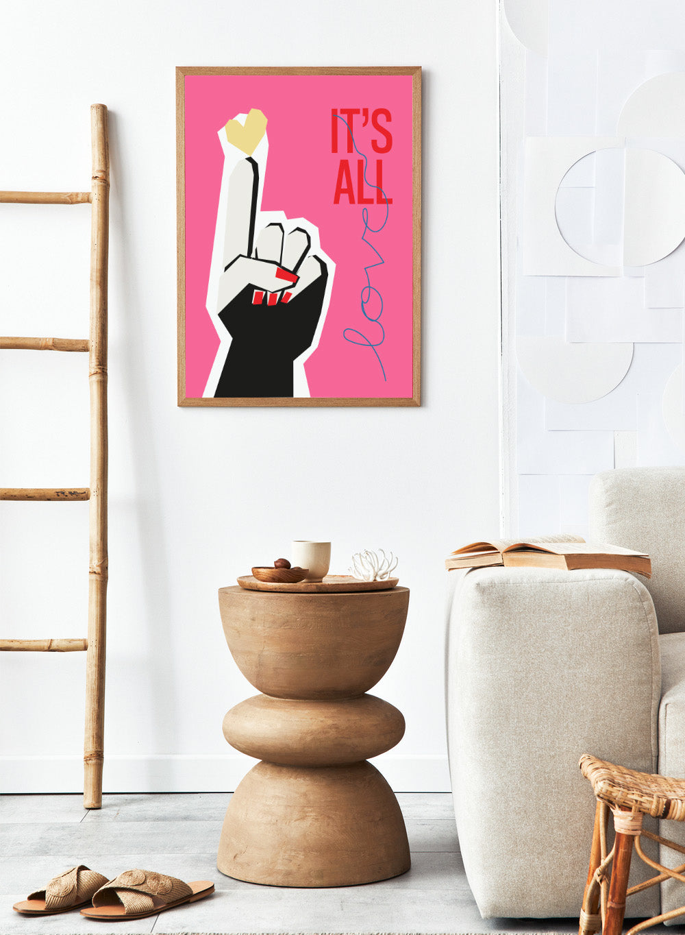 Illustration of a hand making a peace sign with text 'IT'S ALL LOVE' on a pink background. It’s All Love Hand Pink by Frances Collett is a modern graphic art print featuring an illustrated hand with heart symbol and bold typography. Officially licensed wall poster with optional framing.