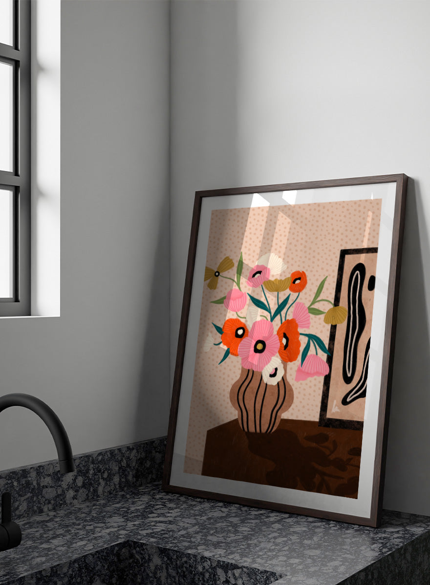 Shop Vibrant Poppy Bouquet by Bea Müller, a floral wall art print poster featuring colorful poppies in a striped vase with bold pink tones and modern still life style.