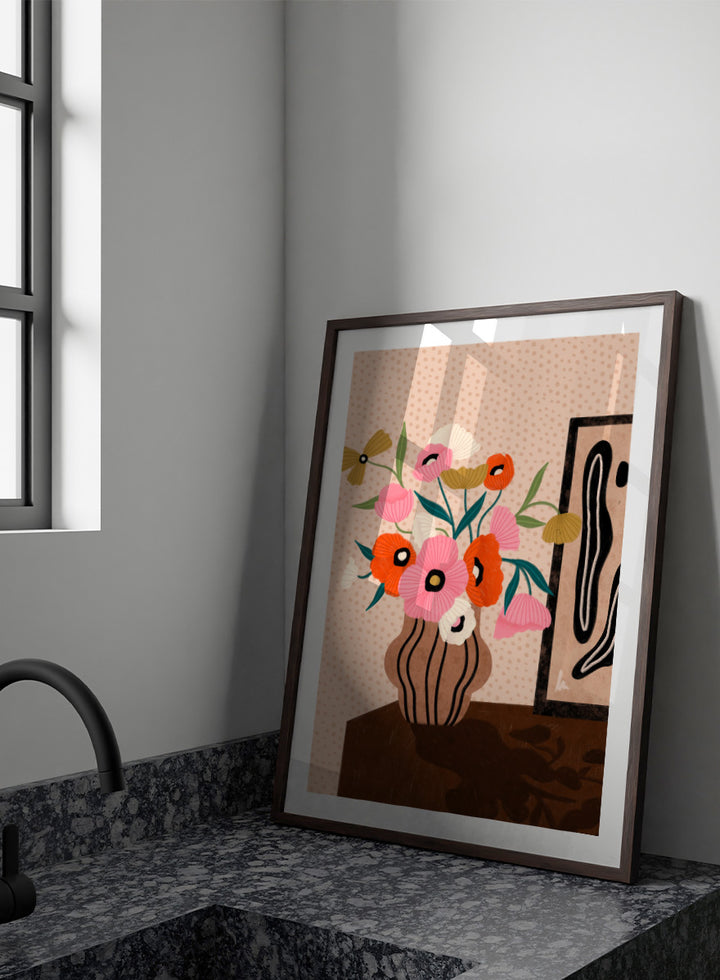 Shop Vibrant Poppy Bouquet by Bea Müller, a floral wall art print poster featuring colorful poppies in a striped vase with bold pink tones and modern still life style.