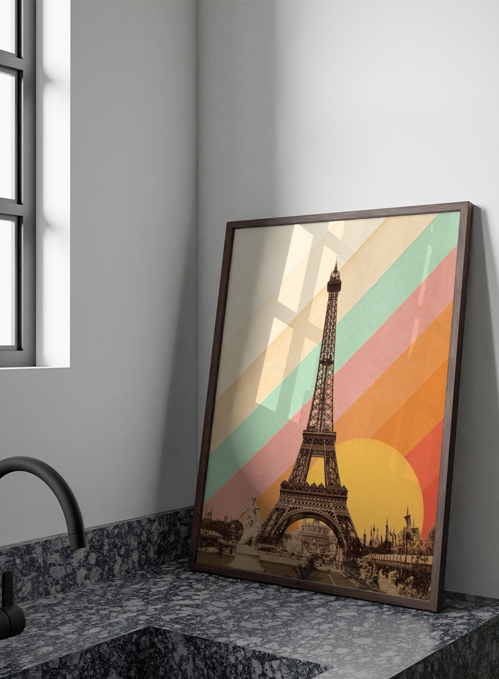 Eiffel Tower with a colorful geometric background. Eiffel Tower Retro Sunset by Florent Bodart is a Paris art print with vintage photo and colorful sunset stripes, a modern retro wall poster with bold graphic design.