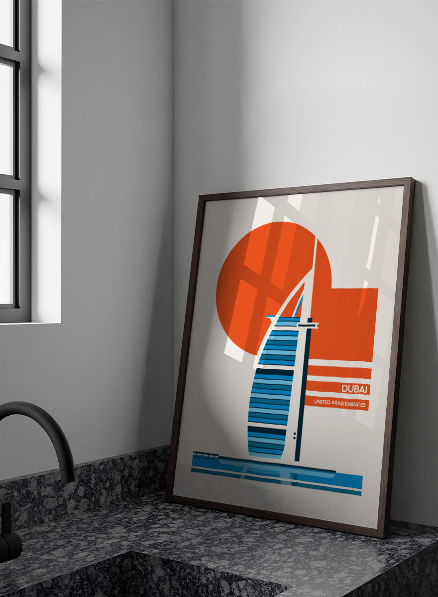 A minimalist travel poster of the Burj Al Arab in Dubai, United Arab Emirates, featuring a stylized blue and white striped hotel silhouette, a large orange sun, and a cream background with the text &
