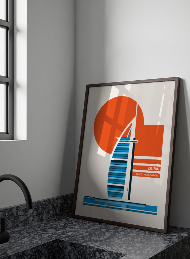 A minimalist travel poster of the Burj Al Arab in Dubai, United Arab Emirates, featuring a stylized blue and white striped hotel silhouette, a large orange sun, and a cream background with the text &