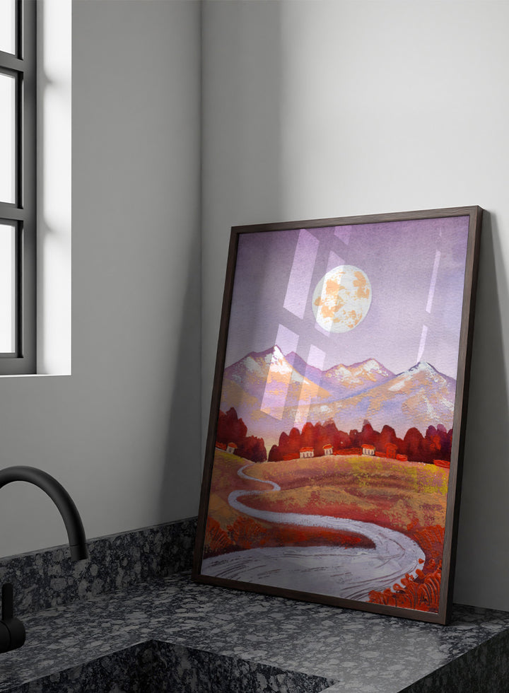 Shop Moonlit Mountain Village by Ekaterina Prisich, a mountain landscape art print featuring a winding road, village homes, a full moon, and soft evening color.