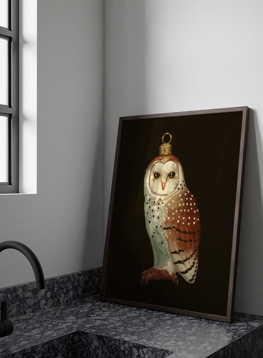 Shop Barn Owl Ornament by NKTN, a Christmas wall art print poster featuring a vintage-style barn owl ornament with woodland holiday charm.