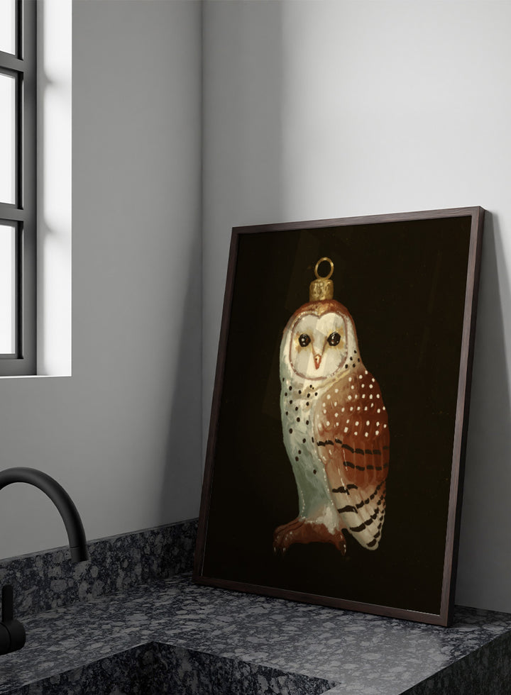 Shop Barn Owl Ornament by NKTN, a Christmas wall art print poster featuring a vintage-style barn owl ornament with woodland holiday charm.