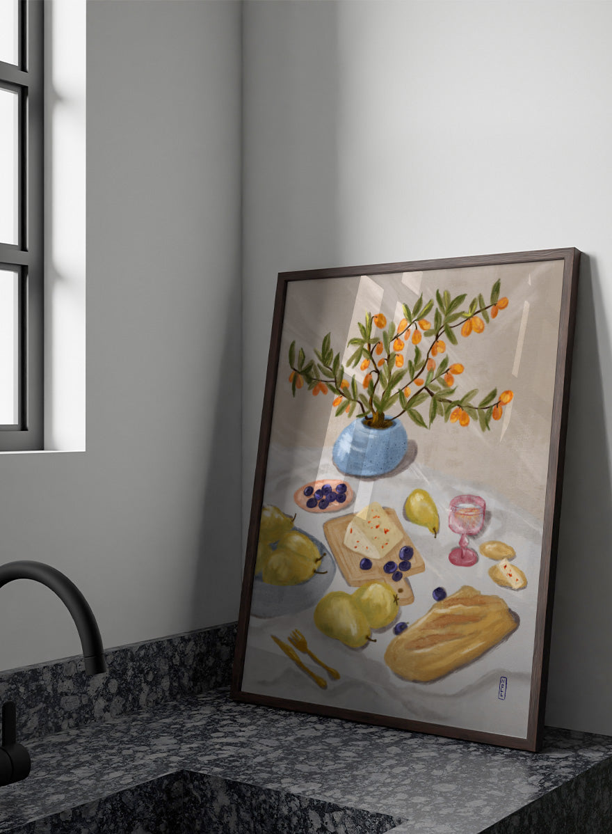A still life painting of fruit and bread on a draped table, with pears, blueberries, a loaf of bread, cheese, a pink goblet, and a blue vase holding orange branches, all rendered in a soft painterly style. Shop Rustic Pears Still Life by Dirkie Nell, a colorful kitchen still life art print featuring pears, bread, cheese, blueberries, orange berries, and a blue vase.