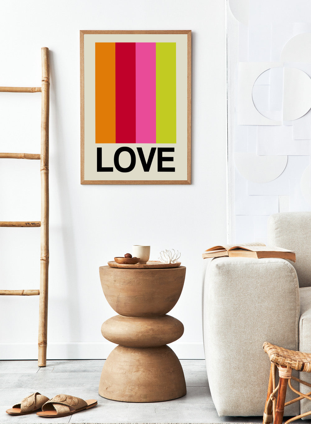 Colorful striped poster with the word 'LOVE' on a beige background. Retro Stripe LOVE Fruit by Frances Collett features colorful vertical stripes and bold LOVE typography. Officially licensed modern graphic art print with optional framing.