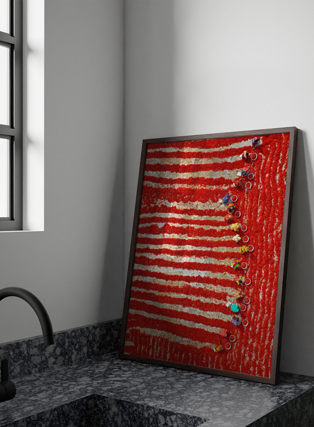 Drying Red Chilies by Azim Khan Ronnie aerial photography print showing chilli fields in Bangladesh with workers, cultural documentary wall art poster