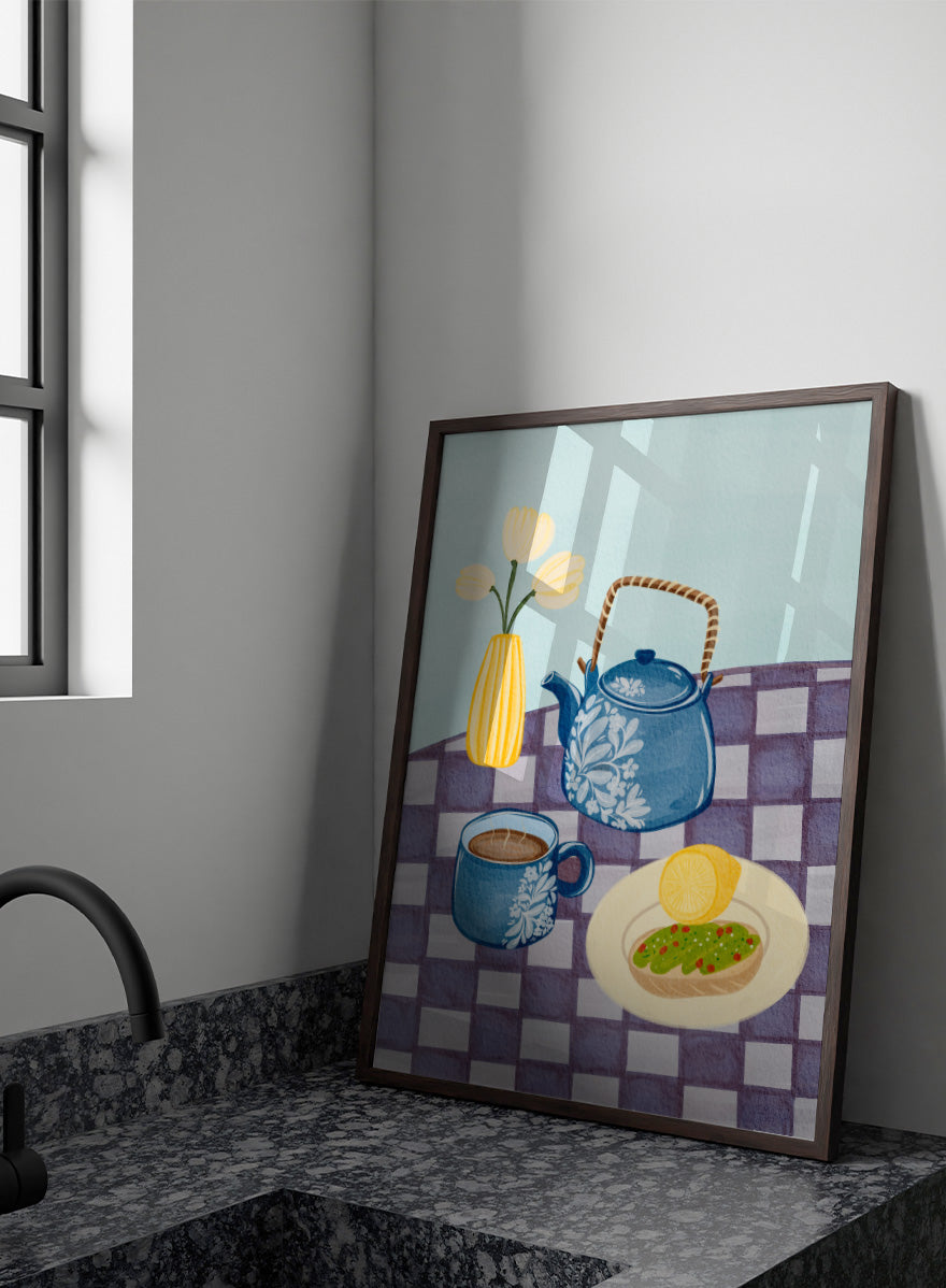 Shop Blue Teapot Breakfast by Nikita Jariwala, a kitchen wall art print poster featuring a floral teapot, tea cup, breakfast still life, and blue tones.