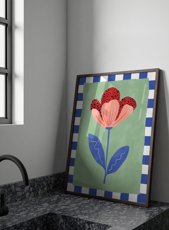 Shop Playful Red Bloom by Elena Ristova, a floral wall art print poster with a red flower, blue leaves, mint green background, and check border.