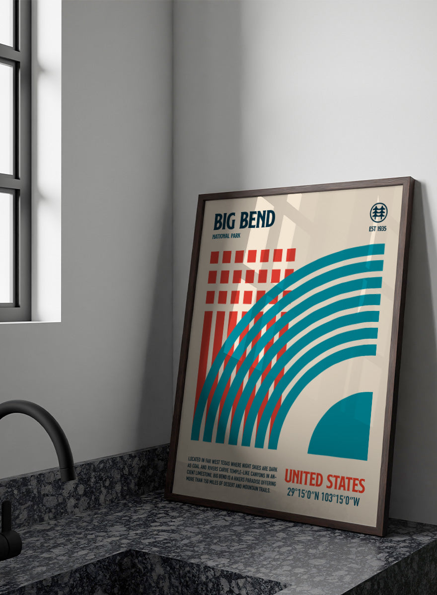 A stylized travel poster for Big Bend National Park featuring bold geometric graphics in teal and red on a warm beige background, with text including &