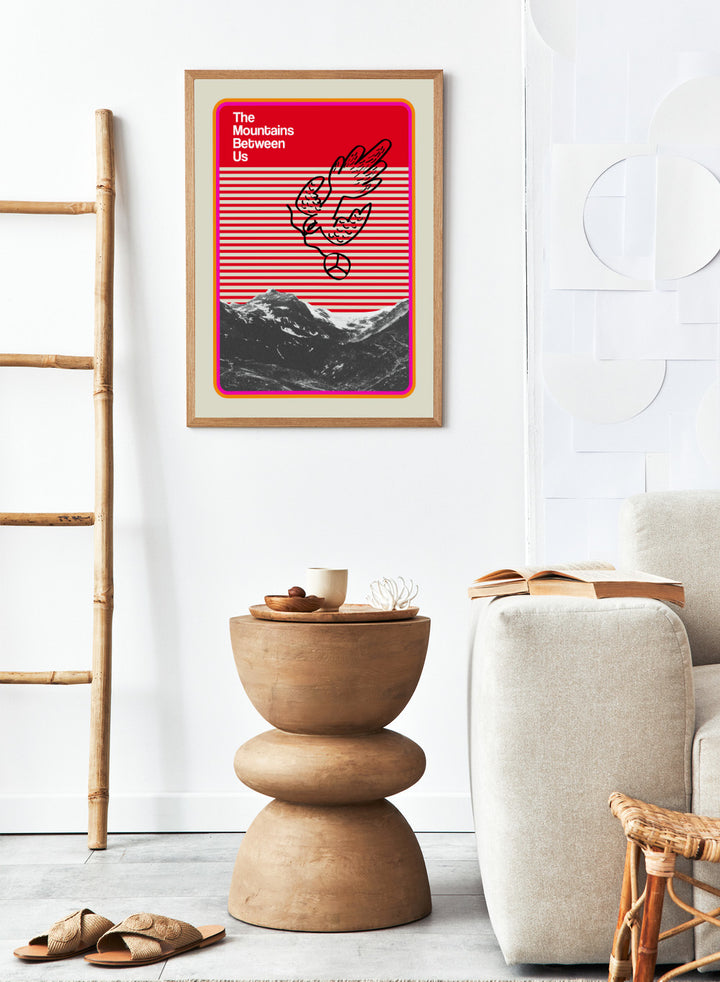 Print of 'The Mountains Between Us' with a red and white striped pattern and mountain illustration. Mountains Between Us by Frances Collett art print featuring red graphic stripes, flying dove illustration, and mountain landscape. Officially licensed modern wall poster with optional framing.