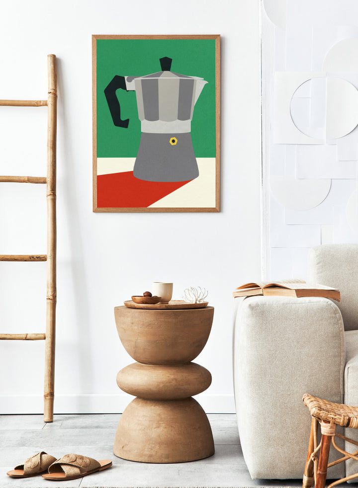 Stylized illustration of a Moka pot on a green, white, and red background. Stylized illustration of a Moka pot on a green, white, and red background. Espresso Italiano by Rosi Feist is a minimalist moka pot kitchen art print with Bauhaus-inspired color. Officially licensed modern poster with framing.