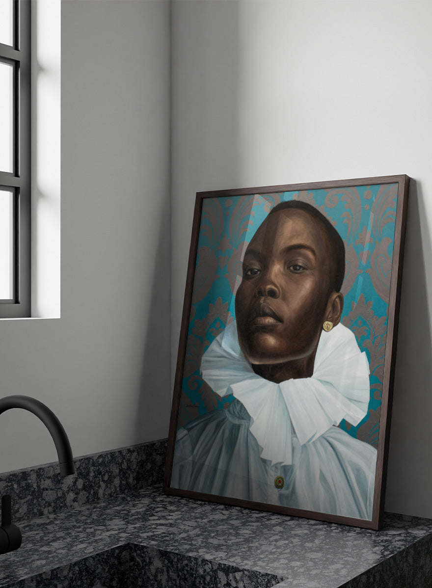 A portrait painting of a Black man with a shaved head, wearing a large white ruffled collar and light blue shirt, set against a teal and gold damask patterned background. Shop Regal Woman Ruff Collar by Damilare Jamiu, a contemporary portrait wall art print featuring a regal woman, dramatic white ruff collar, and rich teal tones.