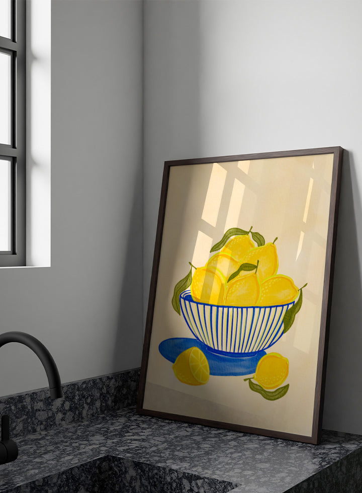 A stylized still life illustration of yellow lemons in a blue-and-white striped bowl with green leaves. Shop Fresh Lemon Bowl by Nikita Jariwala, a kitchen wall art print poster featuring bright yellow lemons, a blue striped bowl, green leaves, and citrus still life.