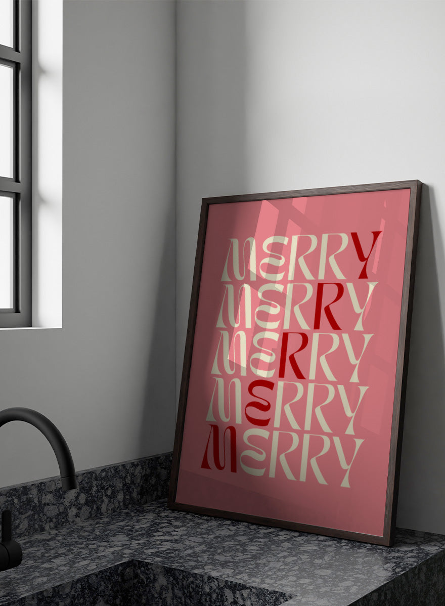 Shop Festive Merry Typography by Dominique Vari, a retro Christmas wall art print poster featuring repeated “Merry” lettering in pink, cream, and red.