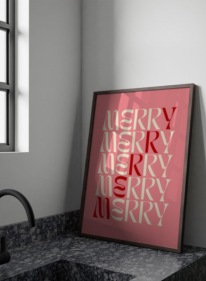 Shop Festive Merry Typography by Dominique Vari, a retro Christmas wall art print poster featuring repeated “Merry” lettering in pink, cream, and red.