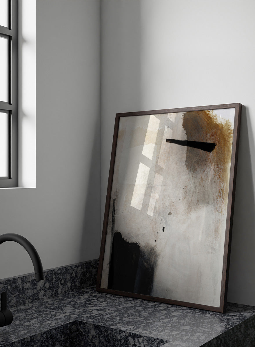 Abstract mixed-media painting with layered off-white, beige, brown, and black brushstrokes. Shop Whole Day by Dan Hobday, a neutral abstract art print with bold black forms, soft earthy tones, layered brushwork, and a modern minimalist feel.