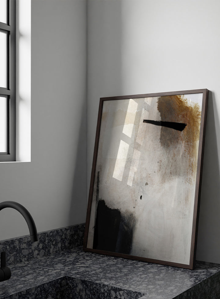 Abstract mixed-media painting with layered off-white, beige, brown, and black brushstrokes. Shop Whole Day by Dan Hobday, a neutral abstract art print with bold black forms, soft earthy tones, layered brushwork, and a modern minimalist feel.