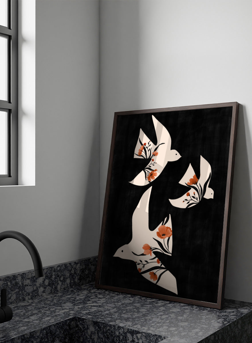 Shop Floral Dove Flight by Elena Ristova, a modern bird wall art print poster featuring cream doves filled with terracotta flowers on a black background.