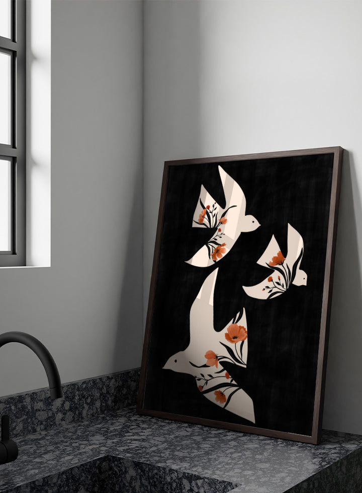 Shop Floral Dove Flight by Elena Ristova, a modern bird wall art print poster featuring cream doves filled with terracotta flowers on a black background.