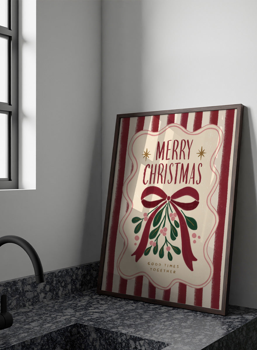 Shop Merry Christmas Mistletoe by Katarzyna Gąsiorowska, a Christmas wall art print poster featuring mistletoe, a red bow, festive stripes, and vintage holiday typography.