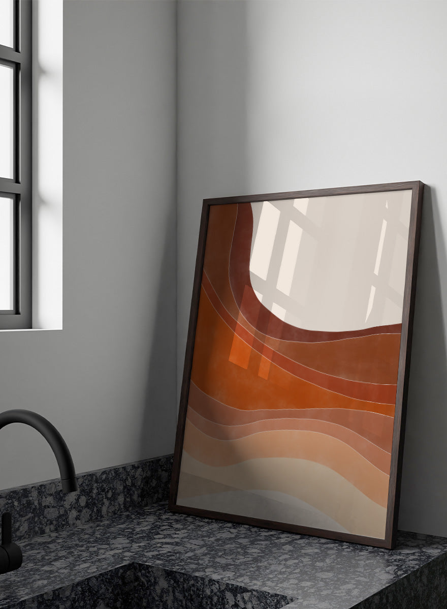 Shop Warm Desert Layers No.2 by Elena Ristova, a modern desert wall art print poster featuring flowing rust, peach, cream, and warm earthy layered shapes.