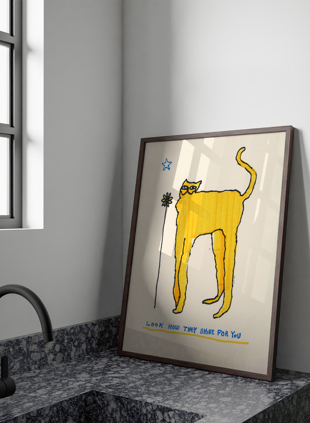 Yellow cat illustration with a flower and text on a beige background. Look How They Shine for You by Eden Kalif is a modern cat art print in yellow with text, a contemporary minimalist wall poster with playful form and expressive line work.