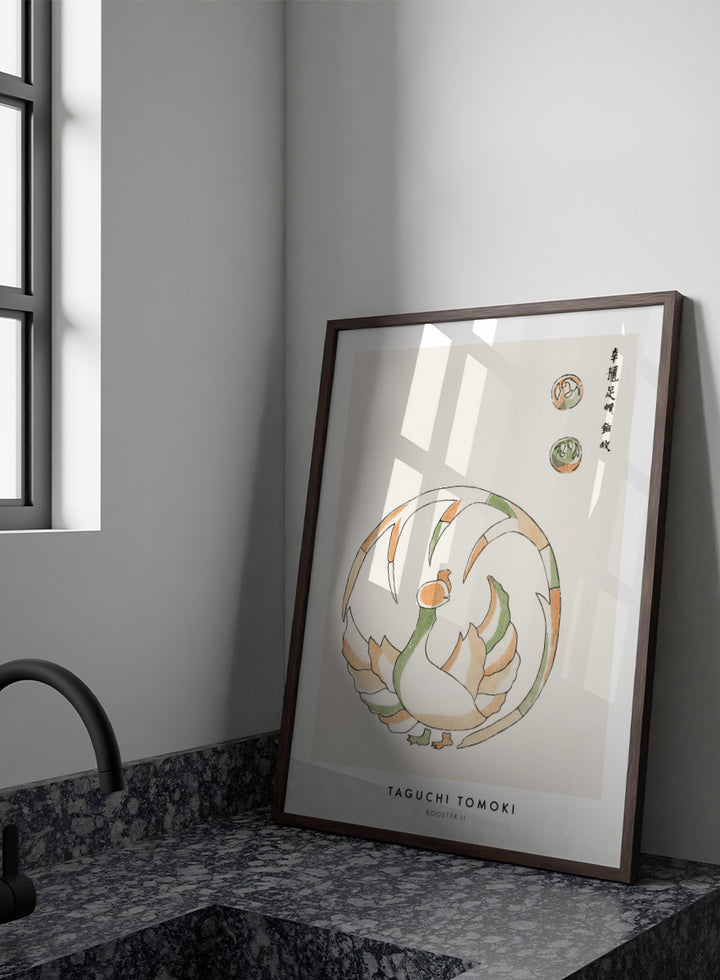 Rooster II Yatsuo no Tsubaki by Taguchi Tomoki is a vintage Japanese woodblock art print featuring a stylized rooster in green, peach, and orange with original script.