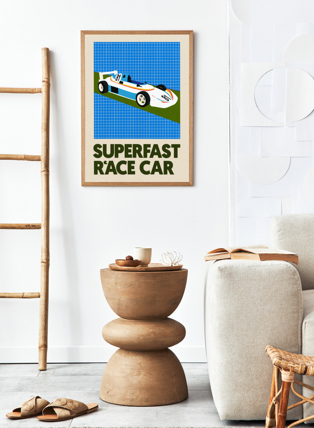 Poster of a race car with 'Superfast Race Car' text on a grid background. Superfast Race Car by Rosi Feist is a modern race car art print with bold graphic color, retro motorsport style, and contemporary poster design.