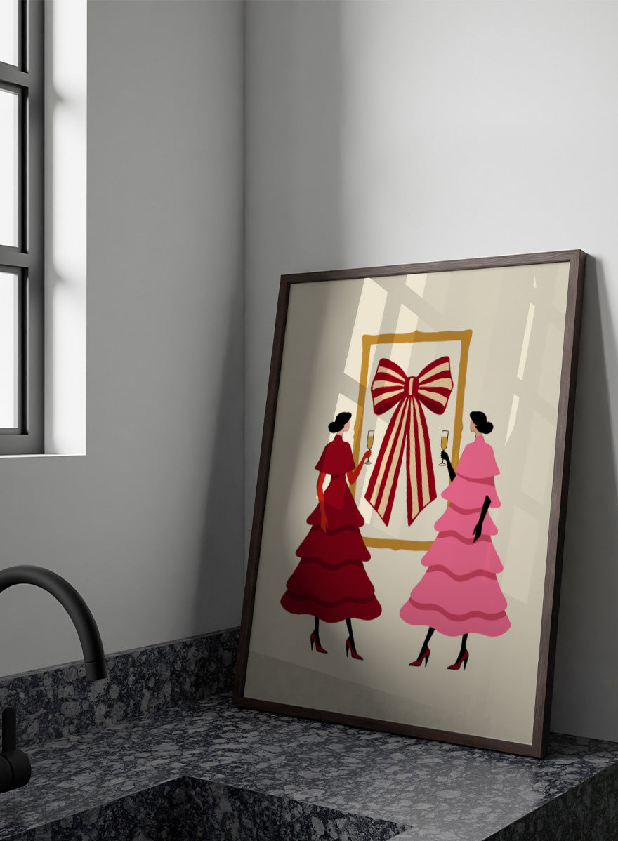 Shop Elegant Bow Celebration by Dominique Vari, a festive fashion wall art print poster featuring two women, champagne glasses, layered dresses, and a bold striped bow.