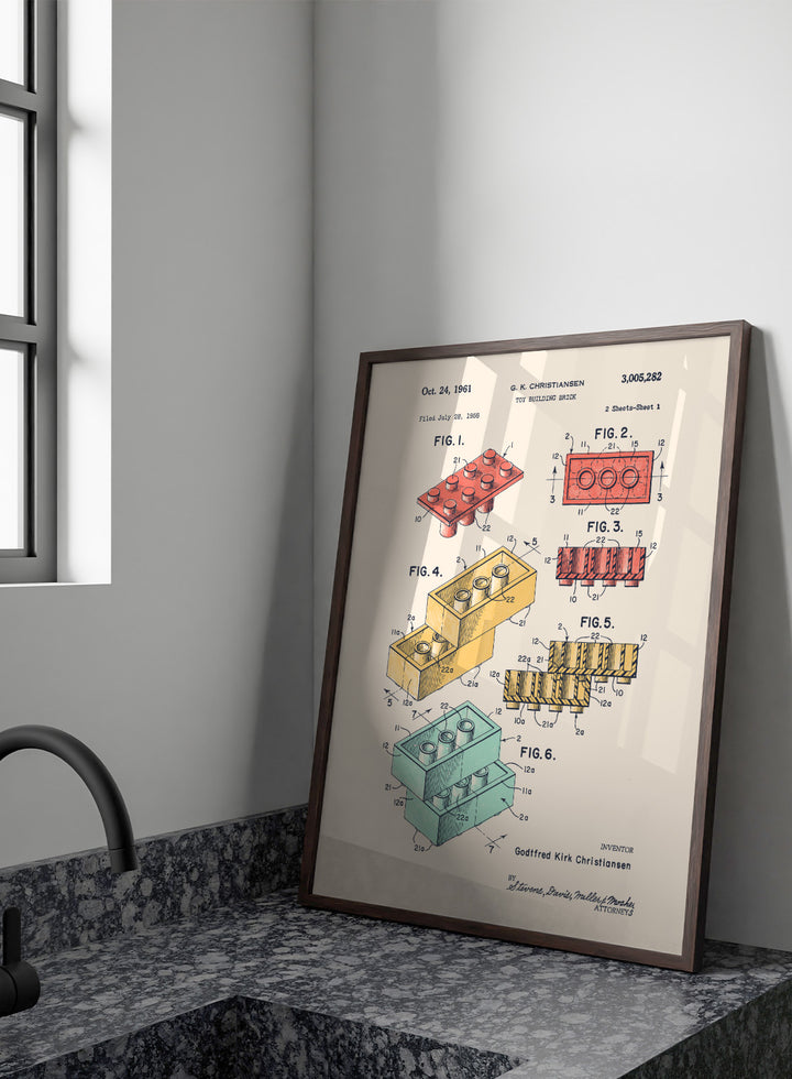 Toy building brick patent illustration with labeled figures on a white background. Historic Building Brick Patent by Florent Bodart is a vintage patent art print featuring toy brick diagrams, a technical drawing wall poster with retro industrial style.