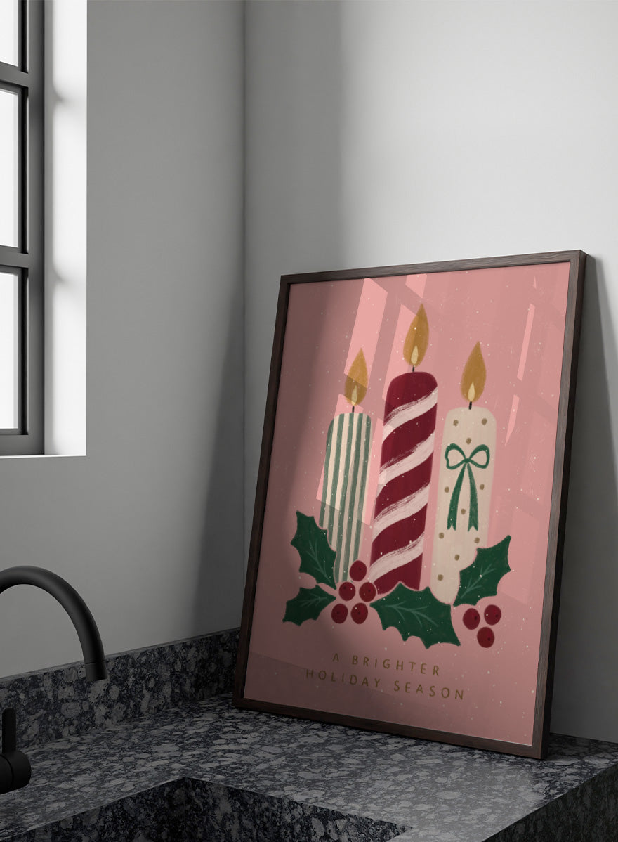 Shop Festive Holiday Candles by Katarzyna Gąsiorowska, a Christmas wall art print poster with candles, holly, berries, and festive holiday charm.
