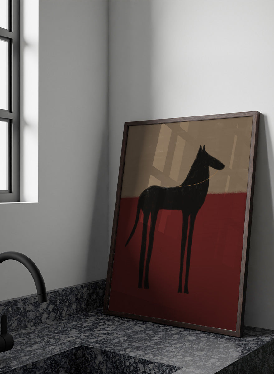 A stylized painting of a black dog silhouette standing in profile against a two-tone background with a beige upper half and a deep red lower half. Abstract Black Horse by The Art Concept animal art print featuring a tall black horse against deep red and muted taupe tones.