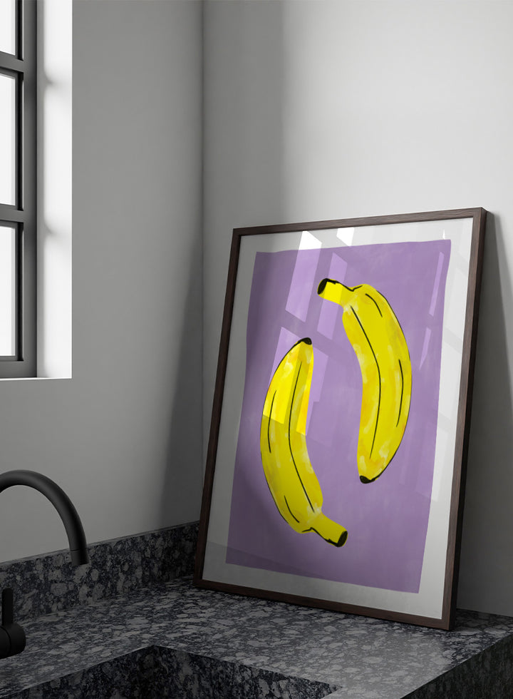 Shop Playful Purple Bananas by Elena Ristova, a colorful banana wall art print poster featuring two bright yellow bananas on a soft purple background with bold black details.