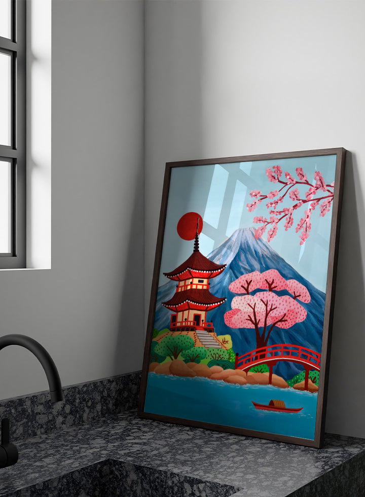 A colorful Japanese-style landscape artwork showing a red pagoda beside a red bridge over blue water, with pink cherry blossoms, a mountain, and a red sun in the sky. Shop Japanese Pagoda Spring Landscape by Nidhi Kachhadiya, a colorful Japan travel wall art print featuring Mount Fuji, cherry blossoms, a red pagoda, and spring scenery.
