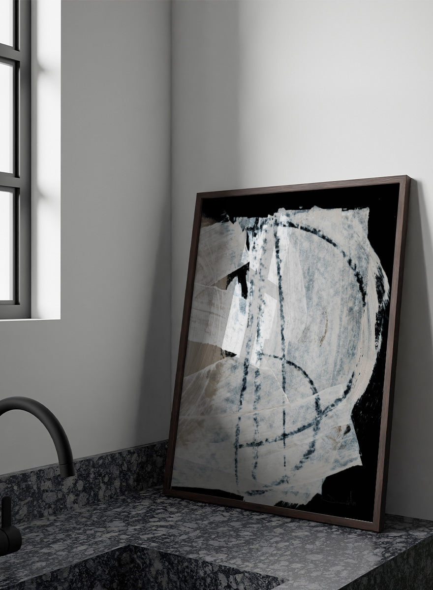 Shop Mind No.02 by Dan Hobday, an abstract wall art print poster featuring sweeping white brushwork, black contrast, and soft blue-beige texture.